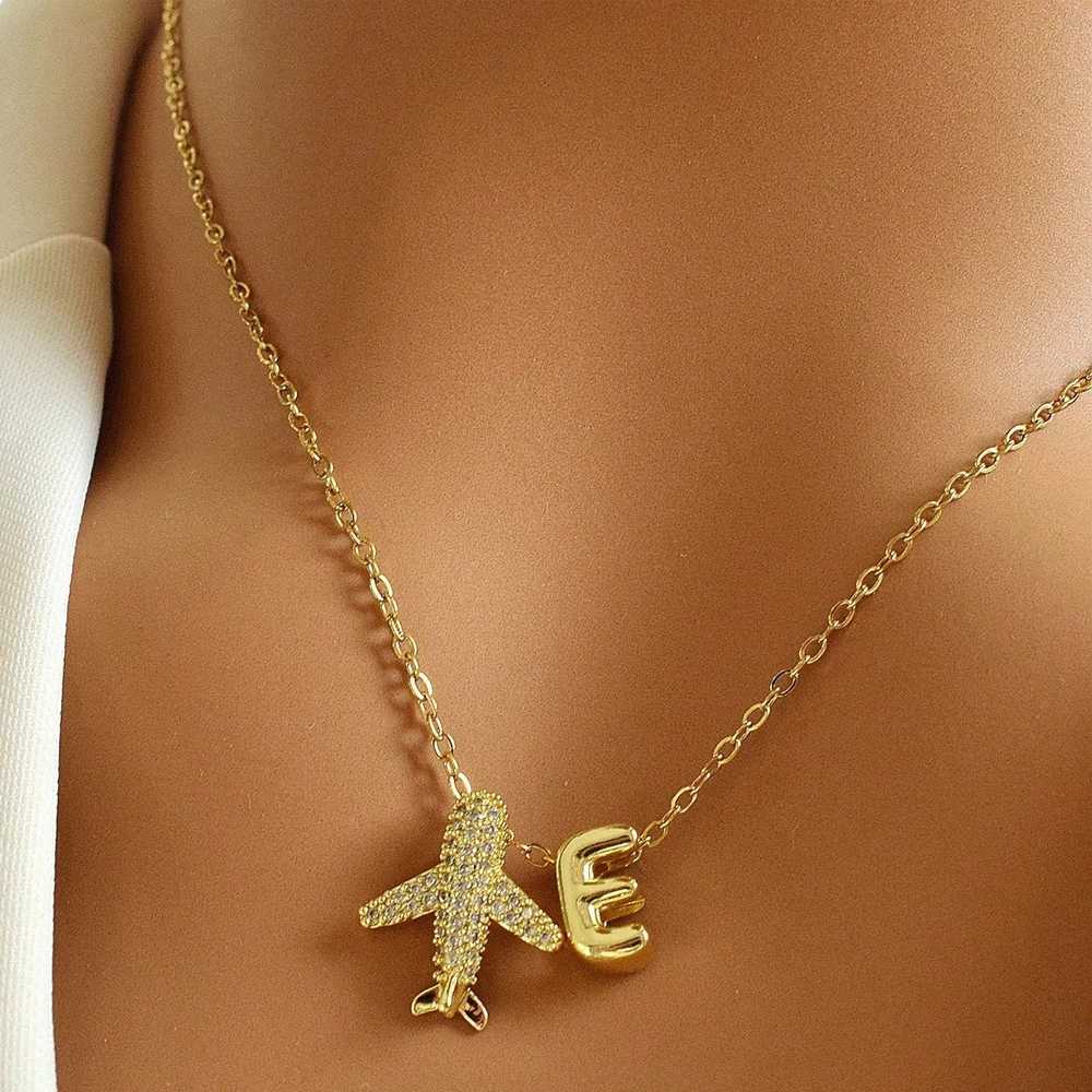 Fashionable Micro-Inlayed Zirconia Airplane 26 Alphabet Initial Pendant Necklace M251216