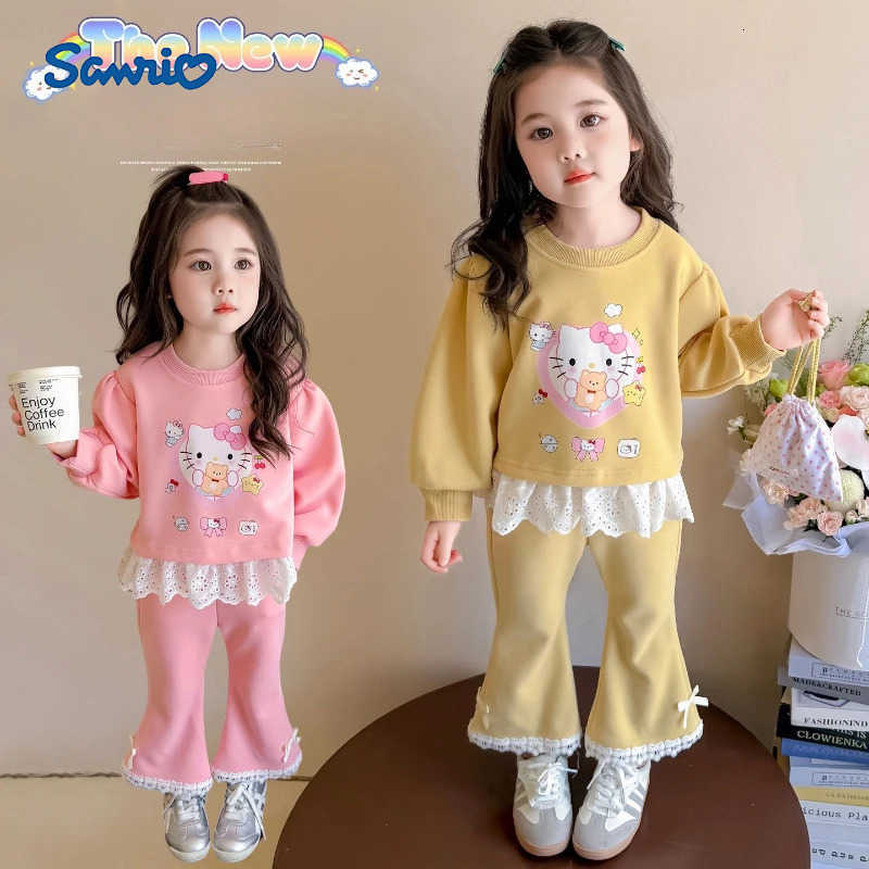Sanrio Autumn Baby Girl Clothes Set Kid Hello Kitty Printed Sweatshirts Pullover TopPants 2pcs Suit Children Sweet Tracksuits Outfits H251216