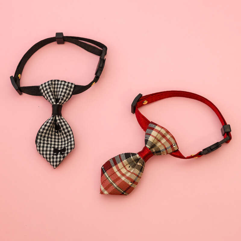 Pet Collar for Kittens and Dogs with Bell, Safety Buckle, Adjustable Necklace, Decorative Plaid Tie, Gentleman Wedding