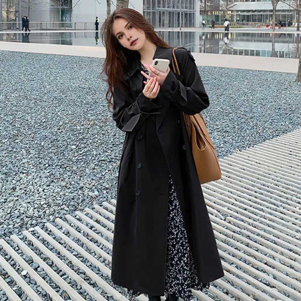 Fall Spring Women Jacket Turn-down Collar Double-breasted Overcoat With Belt Mid-calf Length Solid Color OL Commuting CoatT251216