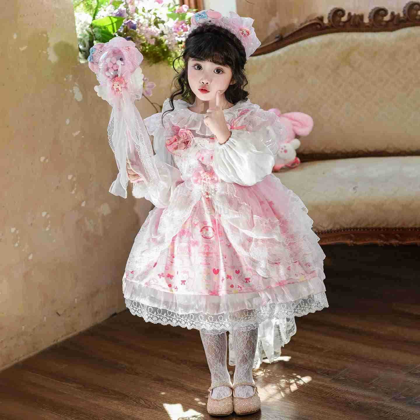 Sanrio Anime My Melody Girls Lolita Princess Dress Lace Party Outfit Girl Clothe Decoration Tutu Skirt Kids Cute Princess Birthday Gift H251216