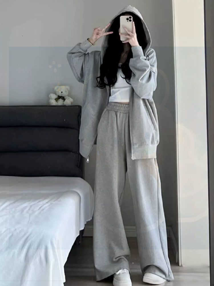 Knit Jacket Trousers Lady Set Hooded Zipper Jackets High Waist Straight Long Pants Casual Versatile Womens Sets W251104