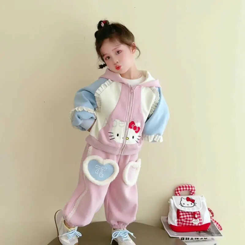 Sanrio Anime Hello Kitty Girls Lace Hoodie and Pants Set Spring Fall Style Casual Cardigan Fall Clothes Two Piece Set of Sportswear H251216