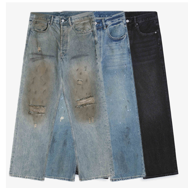 Men Dirty Wash Tie-Dye Effect Jeans Vintage Blue Ripped Knee Distressed Flared Denim Pants 25fw 1216