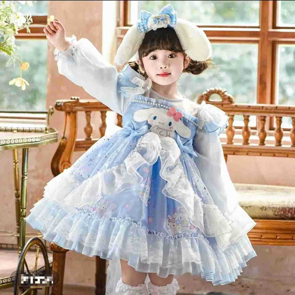 Sanrio Anime Melody Girls Lolita Dress Vintage Lace Party Dress for Kids Ruffled Cinnamoroll Princess Costume Yarn Skirt Holiday Gifts H251216