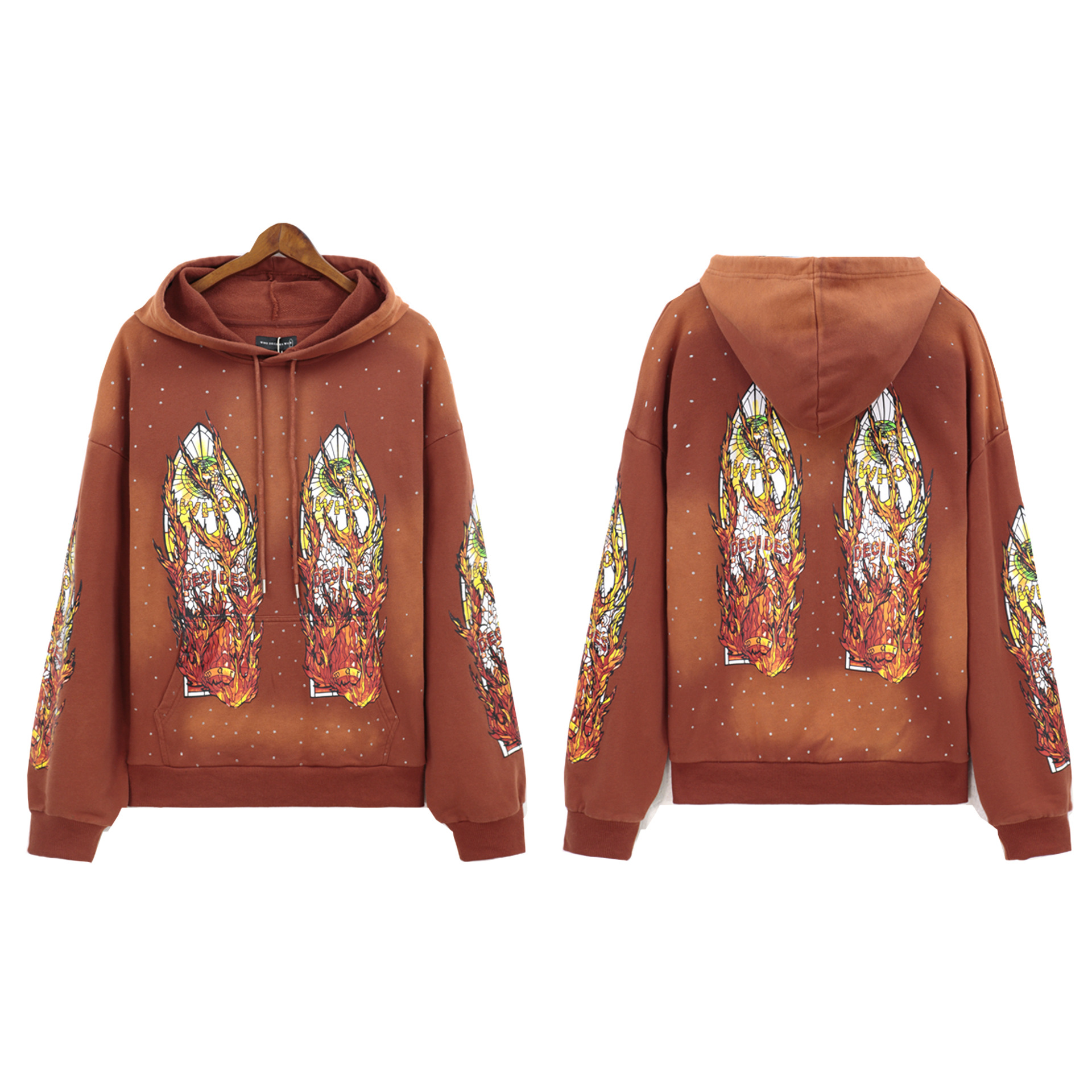 Loose fashionable washed-out casual distressed heavy-duty printed set retro men's hooded sweatshirt trend