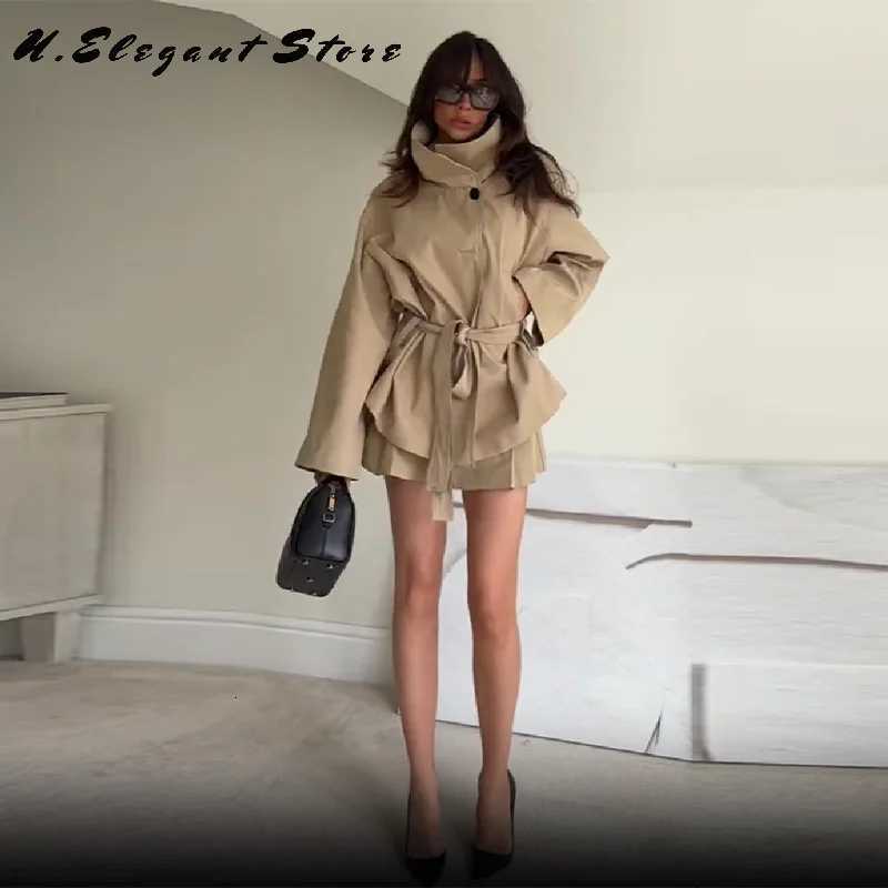 Vintage Khaki Solid Trench Jacket For Women Lapel Full Sleeve Casual Coat With Belt 2025 New Lady Autumn Winter StreetwearsT251216