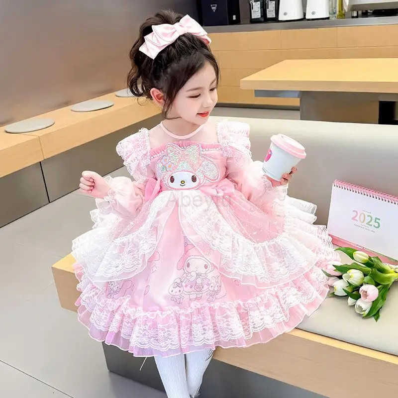 Sanrio Y2K Girl Dress My Melody Cinnamoroll Kawaii Anime Fashion Children Long Sleeves Lace Princess Dress Children Clothing New H251216