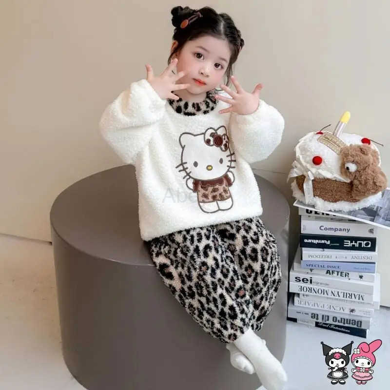 Sanrio Girl Loungewear Set Hello Kitty Anime Kawaii Loose Round Neck Thickening Winter Flannel Leopard Print Children Clothing H251216