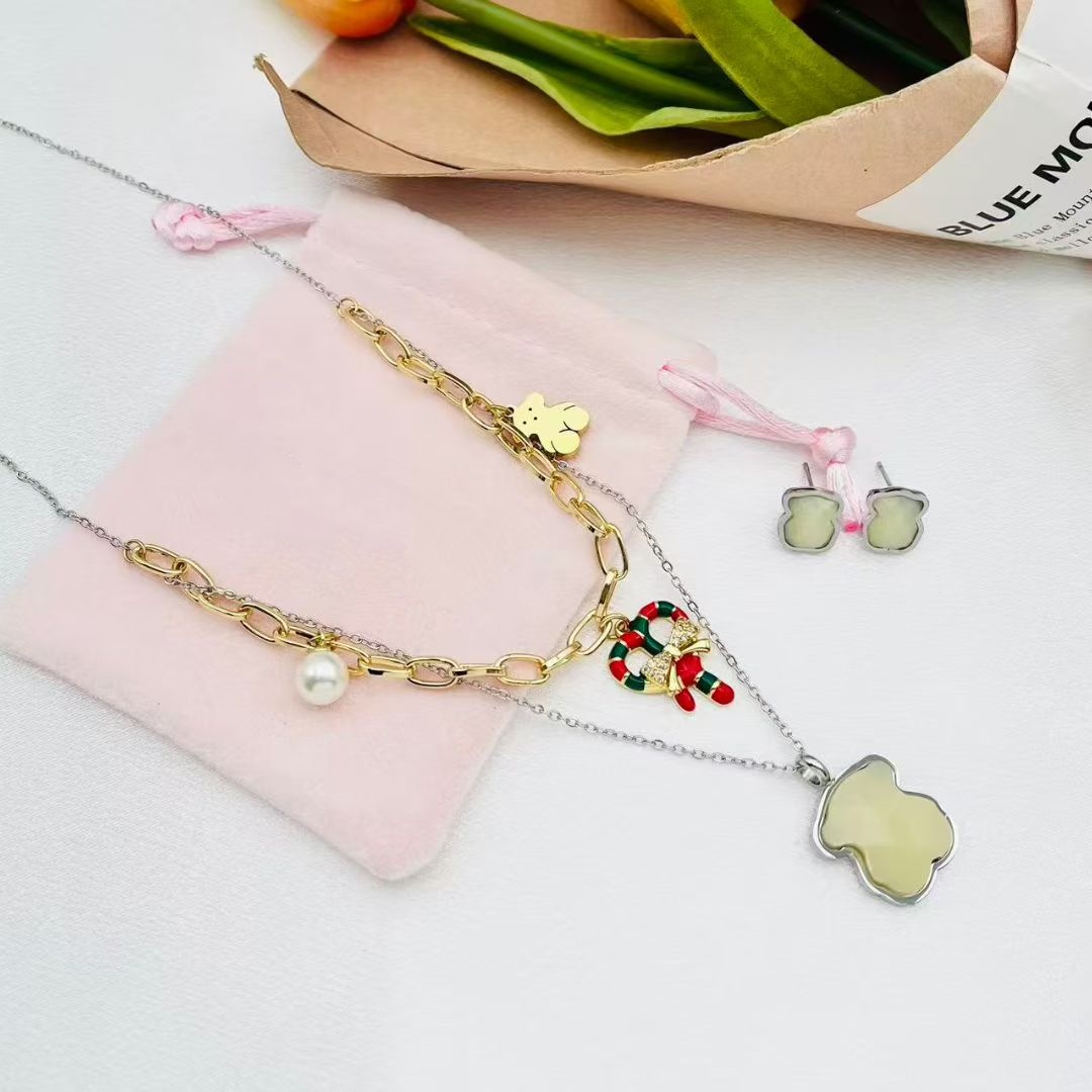 New Fashion Women Girls Silver Gold Stainless Steel Span Bear Cartoon Animal Black White Pink Glass Heart Bracelet Pendant Earrings Jewelry