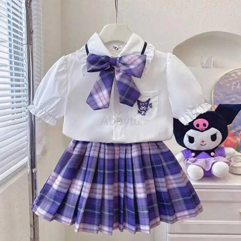 Sanrio Sanrios Kuromi Short Sleeve 2Pcs Summer College Puff Sleeve Uniform New Style Girl Three-Dimensional Bow Sweet Versatile Skirt H251216