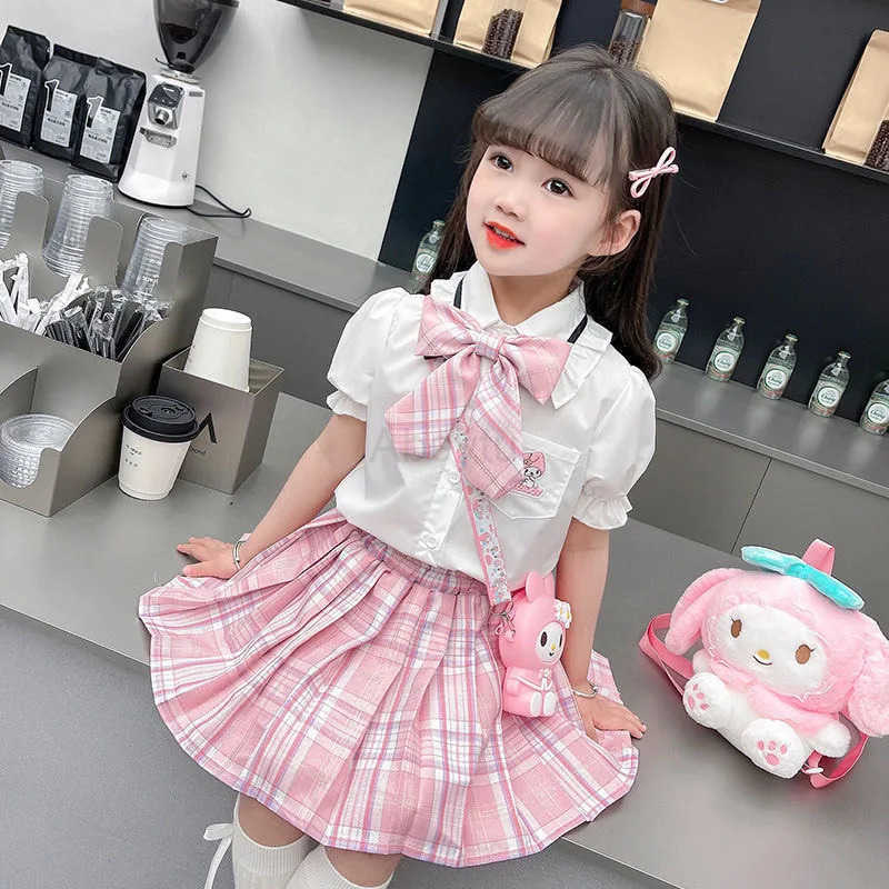 Sanrio Kuromi Skirt Suit Summer Teen Girls Children Short-Sleeved Cartoon T-shirt TopsPlaid Pleated Skirt 2Pcs Set Preppy Dress H251216