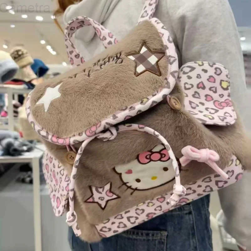 Sanrio New Hello Kitty Plush Ruffled Drawstring Backpack Portable for Commuting Cute Cartoon Anime Surprise Gift for Girls H251216