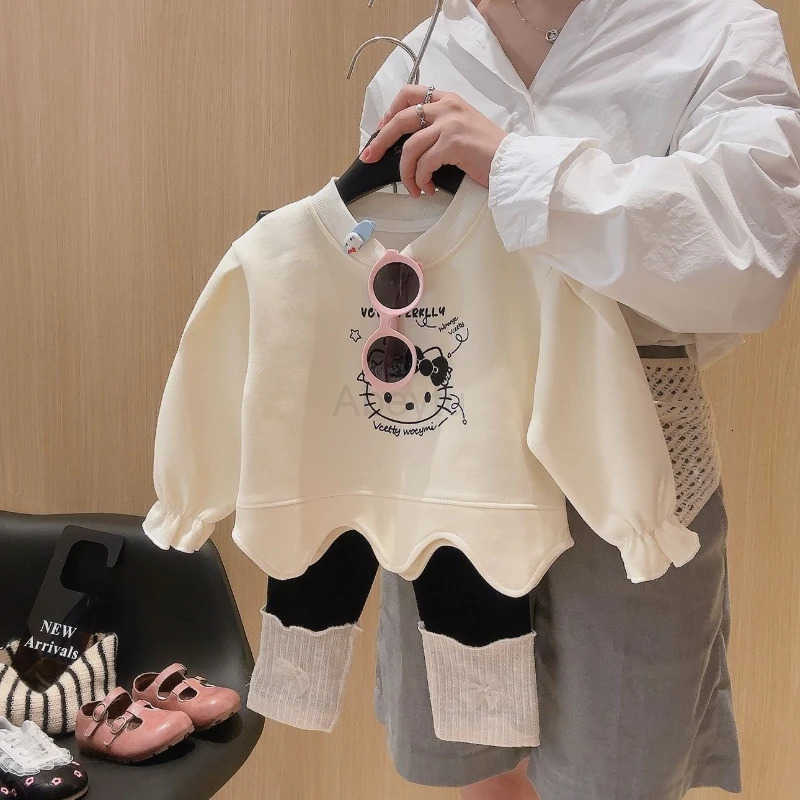Sanrio Girl Clothes Set Autumn Kid Sweatshirts Pullover Hello Kitty Top Lace Trimmings Leggings 2pcs Suit Children Tracksuits Outfit H251216