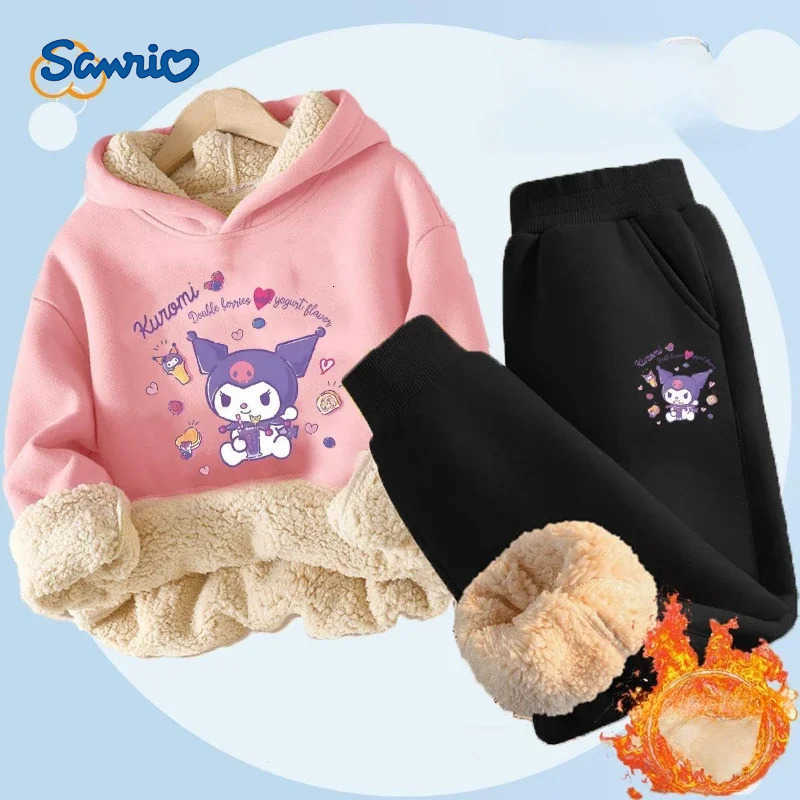 Sanrio Kuromi Plush Warm Childrens Clothing Set for Girls Thicken Fleece Lined Sweatshirt Pants 2 Pcs Suit Winter Tracksuit H251216