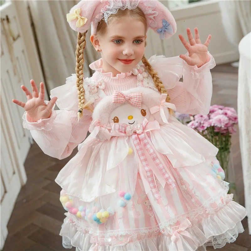 Sanrio Anime My Melody Girls Lolita Princess Dress with Bow Decoration Ruffled Tutu Skirt Layered Party Halloween Costume for Kids H251216