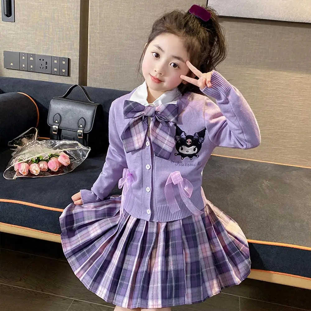 Sanrio Anime Kuromi My Melody 3Pcs Childrens Suit Jk Plaid Skirt Sanrioes College Style Set Cardigan Pleated Skirt Kids Spring Autumn H251216