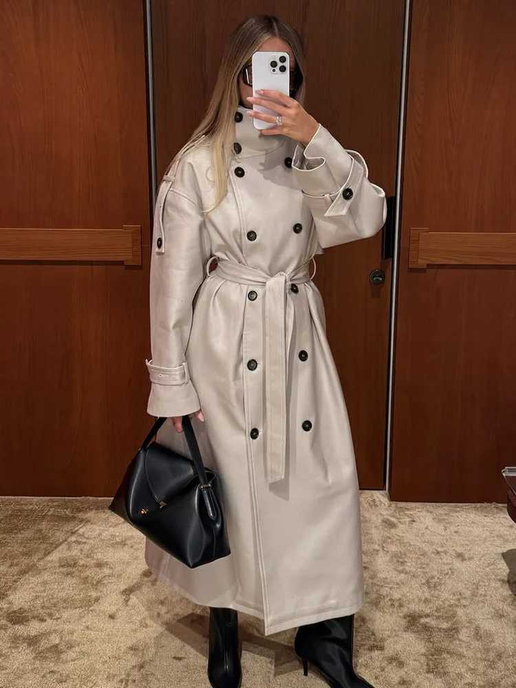 Autumn New Beige Lapel Long Trench Coats With Belt Fashion Double Breasted Loose Women Windbreaker Winter Female OvercoatT251216