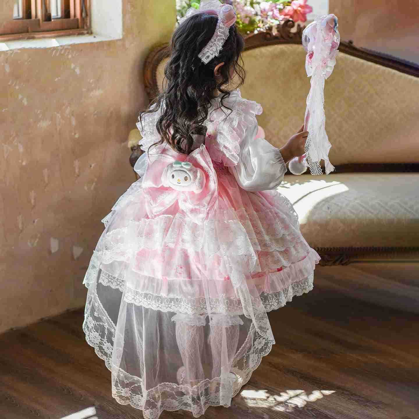 Sanrio Anime My Melody Girls Lolita Princess Dress Lace Party Outfit Girl Clothe Decoration Tutu Skirt Kids Cute Princess Birthday Gift H251216