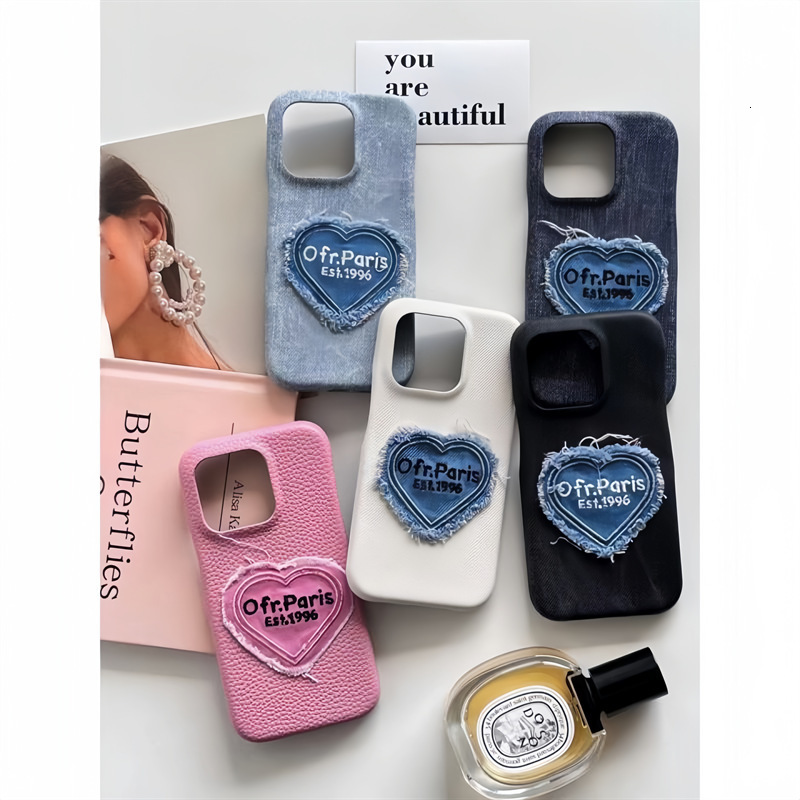 Denim Embroidered Heart English Suitable iPhone 17 Pro Max Apple 16/15 Retro Phone Case 13/14 for Women