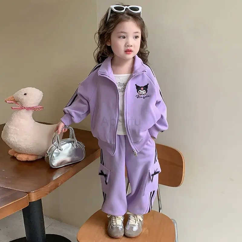 Sanrio Kawaii Kuromi Cartoon Fashion Suit Autumn Students Lovely Cardigan Sweatpants Children Birthday Presents for Girls H251216
