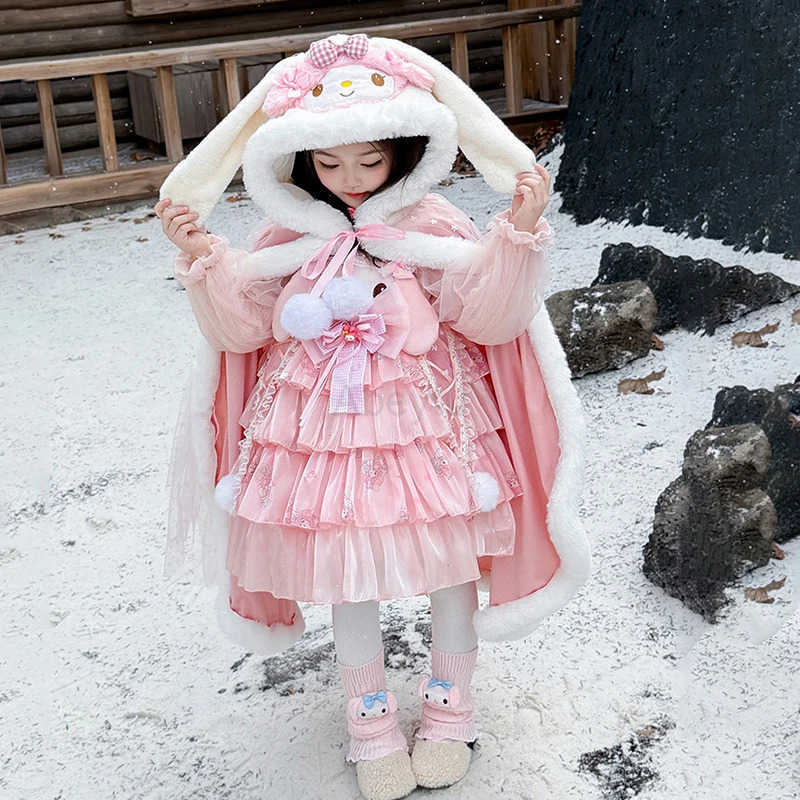 Sanrio Anime My Melody Lolita Princess Dress Girls Ruffled Tutu Skirt Layered Dress Kids Bow Decoration Party Dress Ball Gown Gift H251216