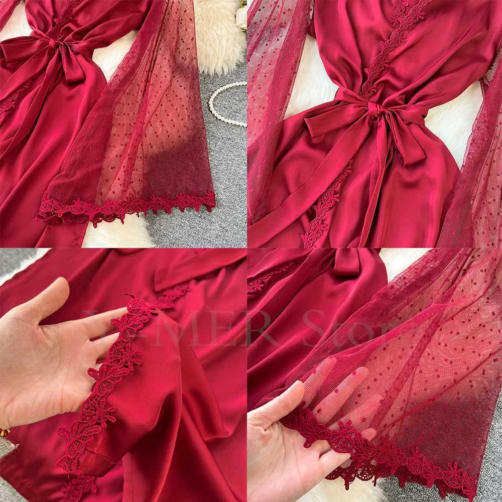 Sexy Embroider Edge Lady Kimono Bathrobe Dress Gown Mesh Sleeve Wedding Long Robe Sleepwear Loose Silk Satin Nightwear Lingerie C251216