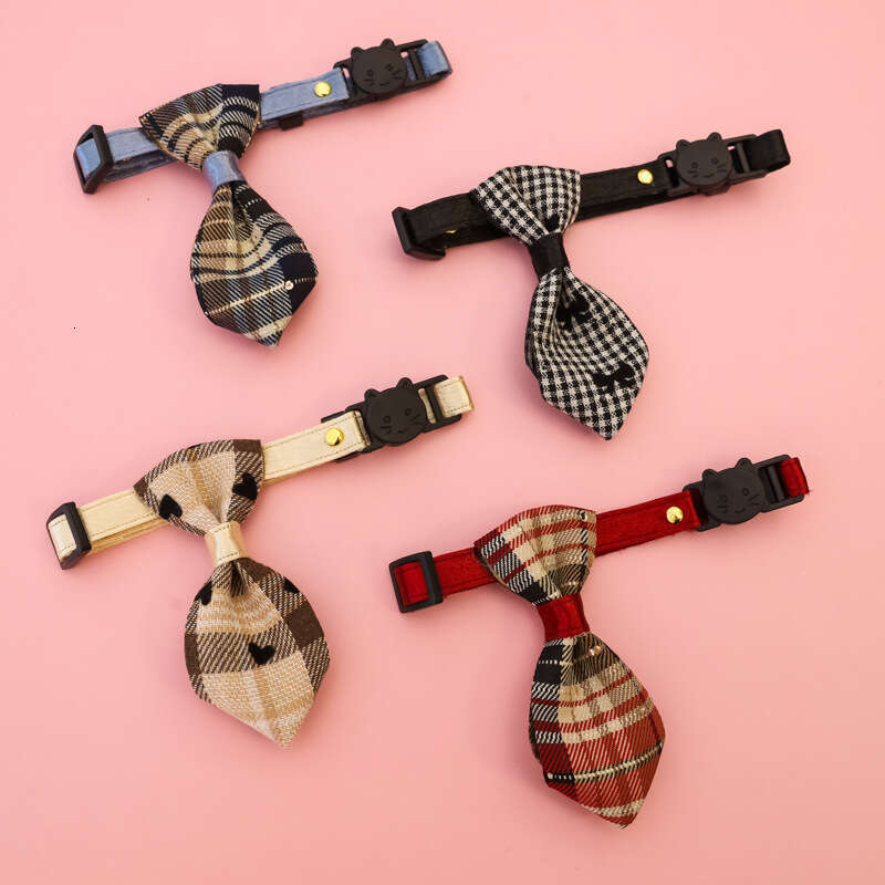 Pet Collar for Kittens and Dogs with Bell, Safety Buckle, Adjustable Necklace, Decorative Plaid Tie, Gentleman Wedding
