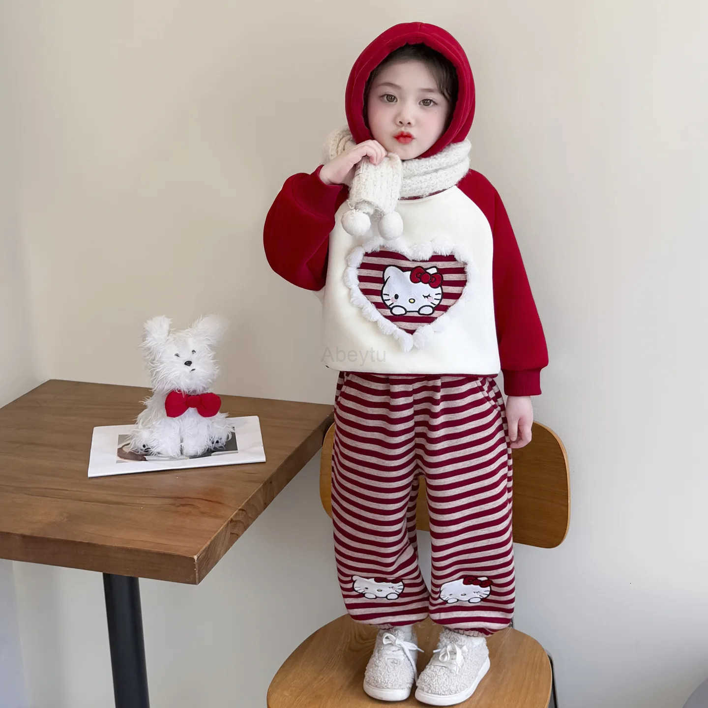 Sanrio Anime Girls Autumn and Winter Plush Thickened Set Cartoon Hello Kitty childrens hoodie two-piece set Baby Fashion Sweet Set H251216