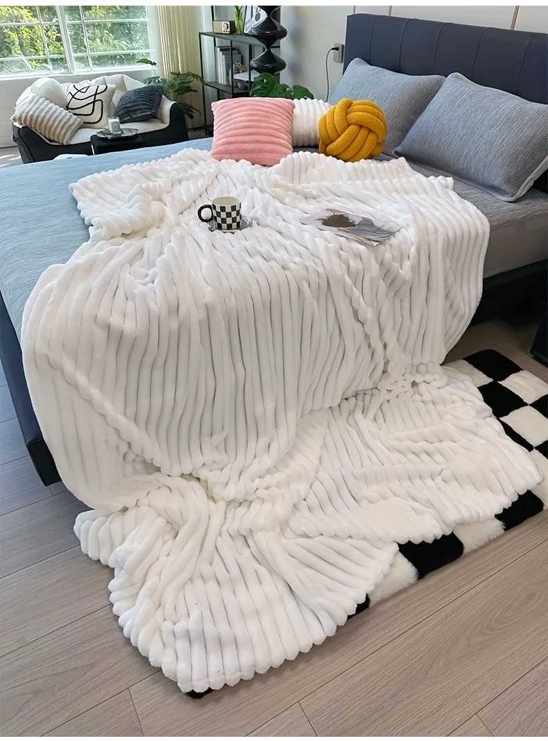 Striped Flannel Fleece Blanket Ultra-Soft Lightweight White Blanket Throw/Twin/Qveen/King Sizes Multi-Color For Bed Couch H251216 - view 7