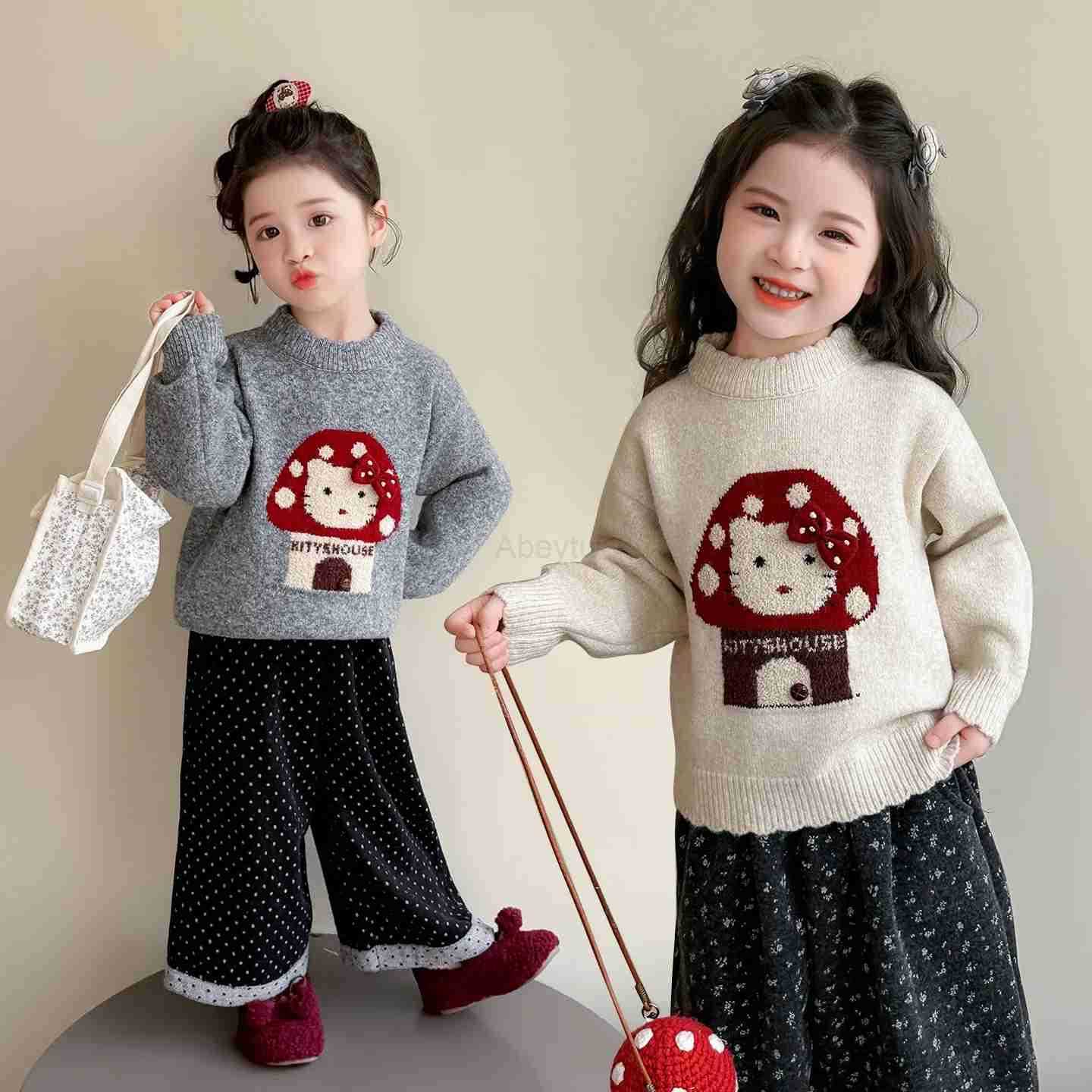 Sanrio Anime Hello Kitty Girls Autumn/Winter Sweater Childrens cartoon knitted sweater Girls winter outfit sweet pullover base shirt H251216