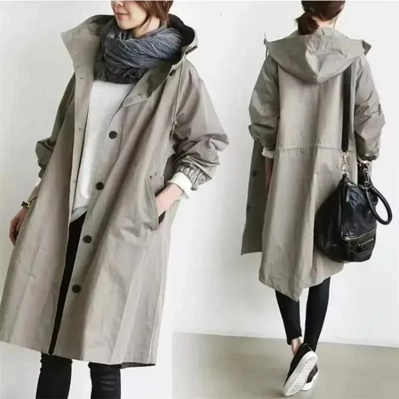 Plus Size Hooded Trench Coat Classic Fashion Loose Womens Windbreaker Coat Khaki Black Casual TopsT251216