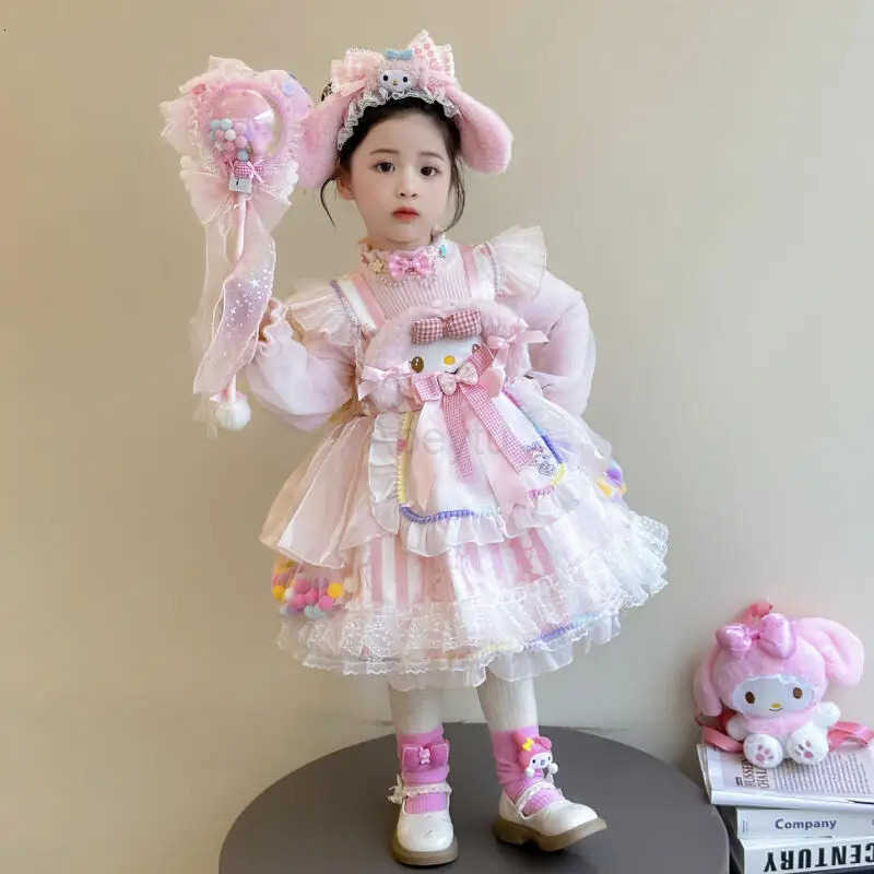 Sanrio My Melody Autumn Cartoon Girl Lolita Princess Dress Sweet Cute Comfortable Keep Warm Sweater Puff Skirt Mesh Dress Birthday Gift H251216