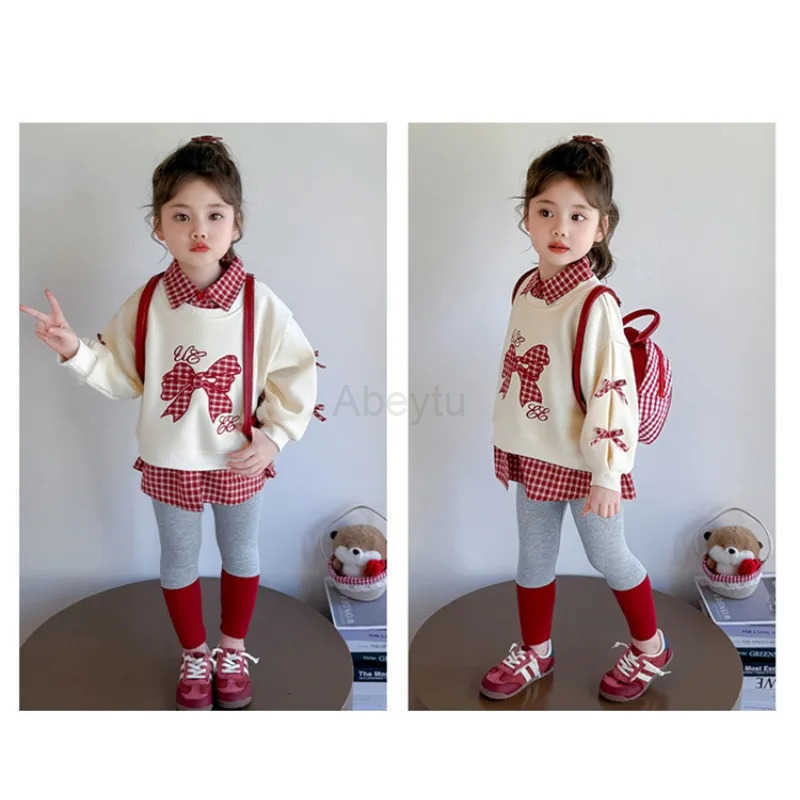 Sanrio Girls Embroidered Checkered Bow Set Childrens Korean Fashion Little Girl Checkered Hoodie Leggings Two-piece Set H251216