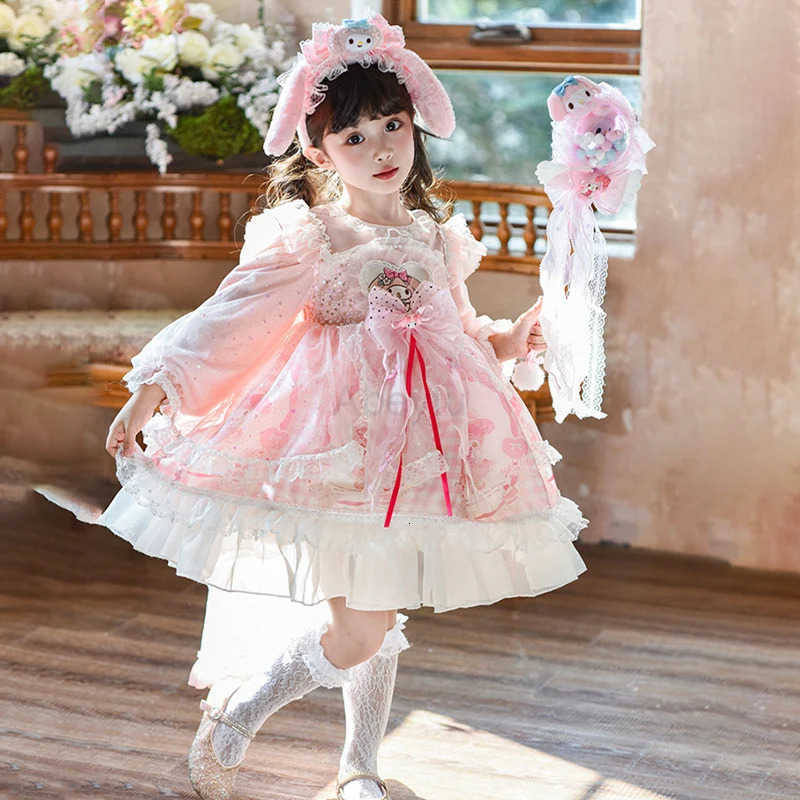 Sanrio Anime My Melody Girls Lolita Princess Party Dress with Bow Decoration Ruffled Tutu Skirt Layered Design for Halloween Gift H251216