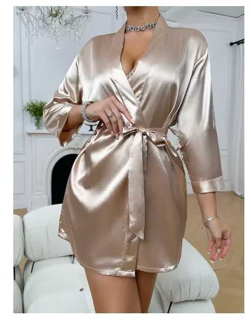 Pajamas women summer European and American ladies lace-up bathrobe sexy morning gown home dress can wear ice silk robe C251216