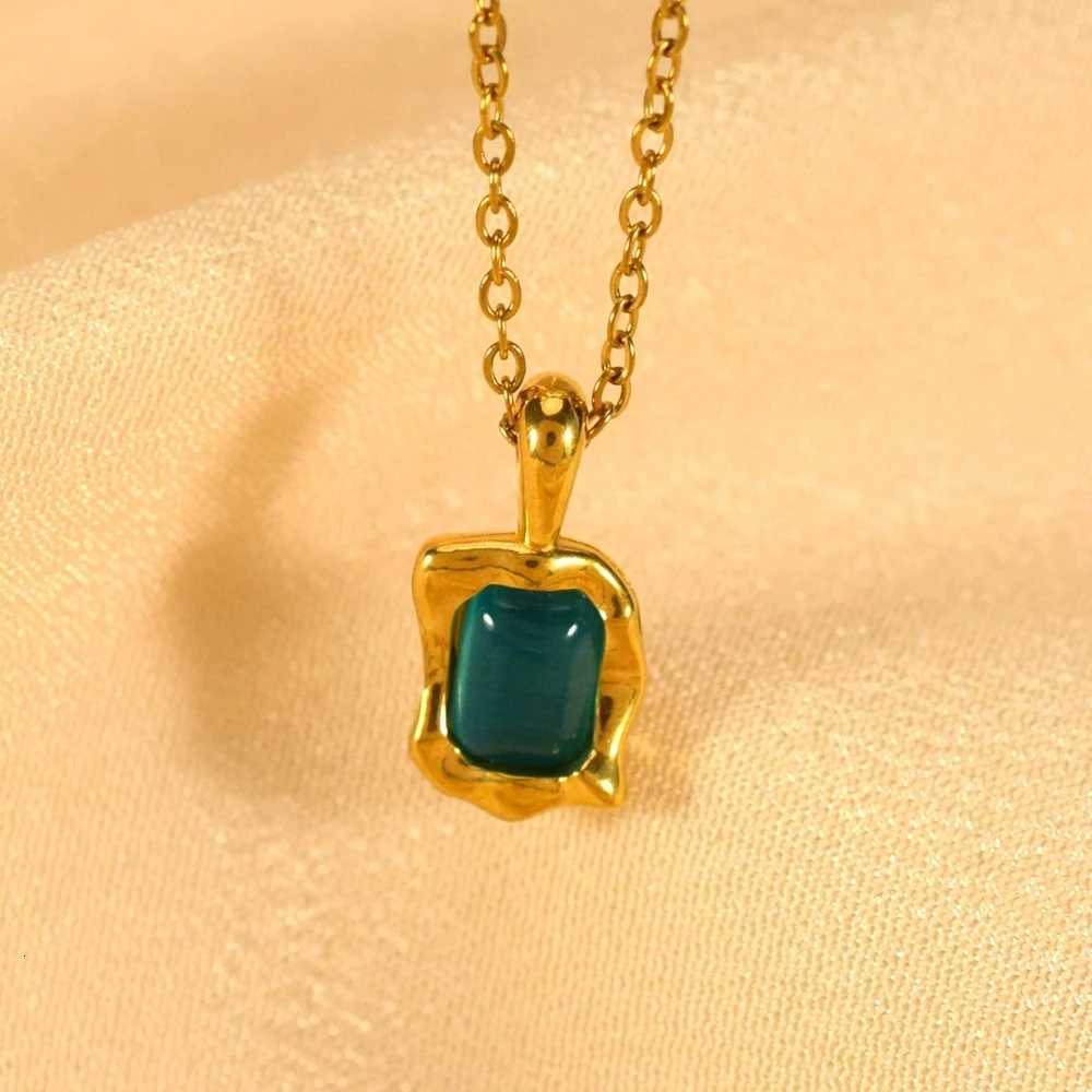 Color Square Irregular Pattern Cats Eye Stone Necklace Clavicle Chain Stainless Steel Jewelry for Autumn Winter M251216