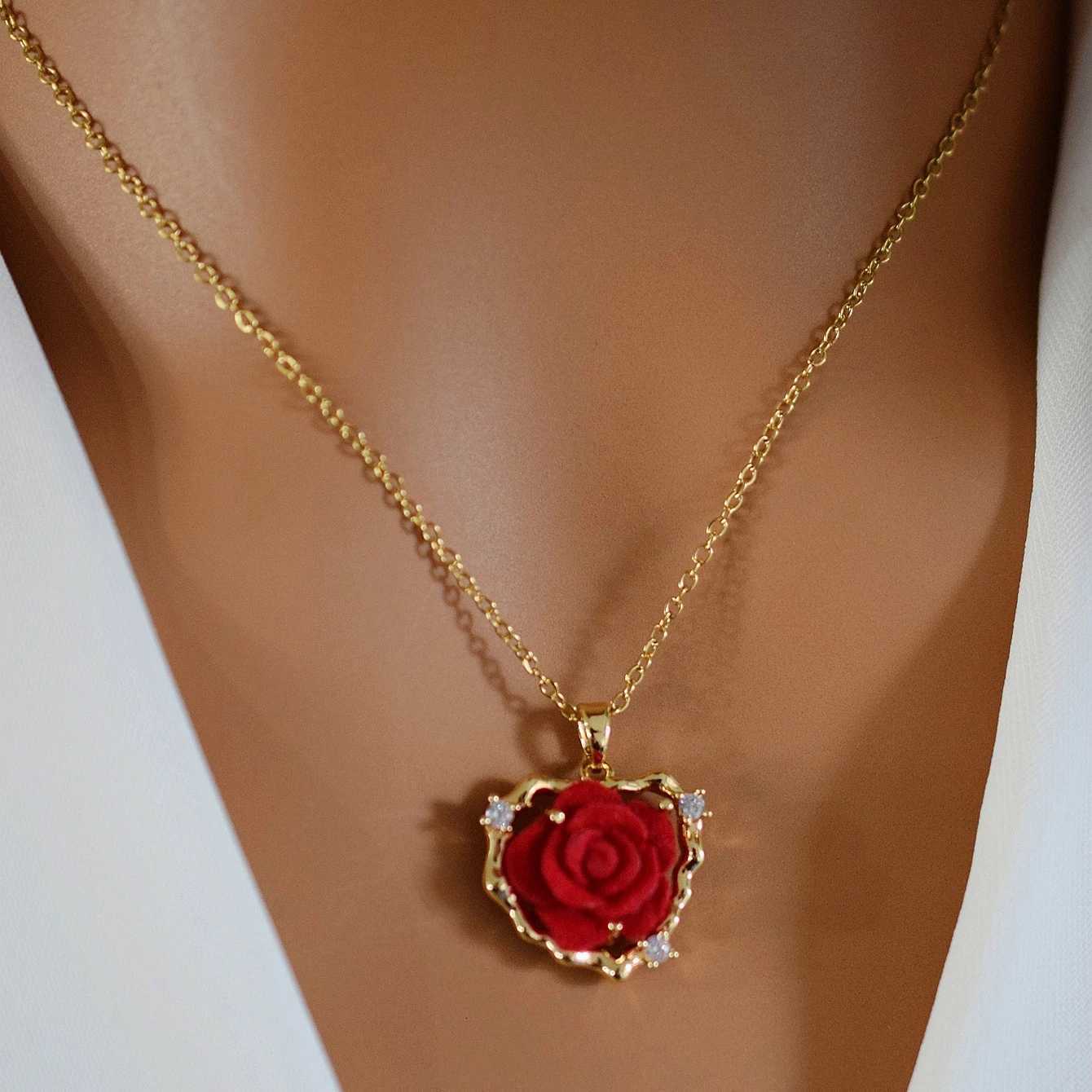 14k Gold Plated Flocking Rose DIY Pendant Accessories Flower and Heart Necklace M251216
