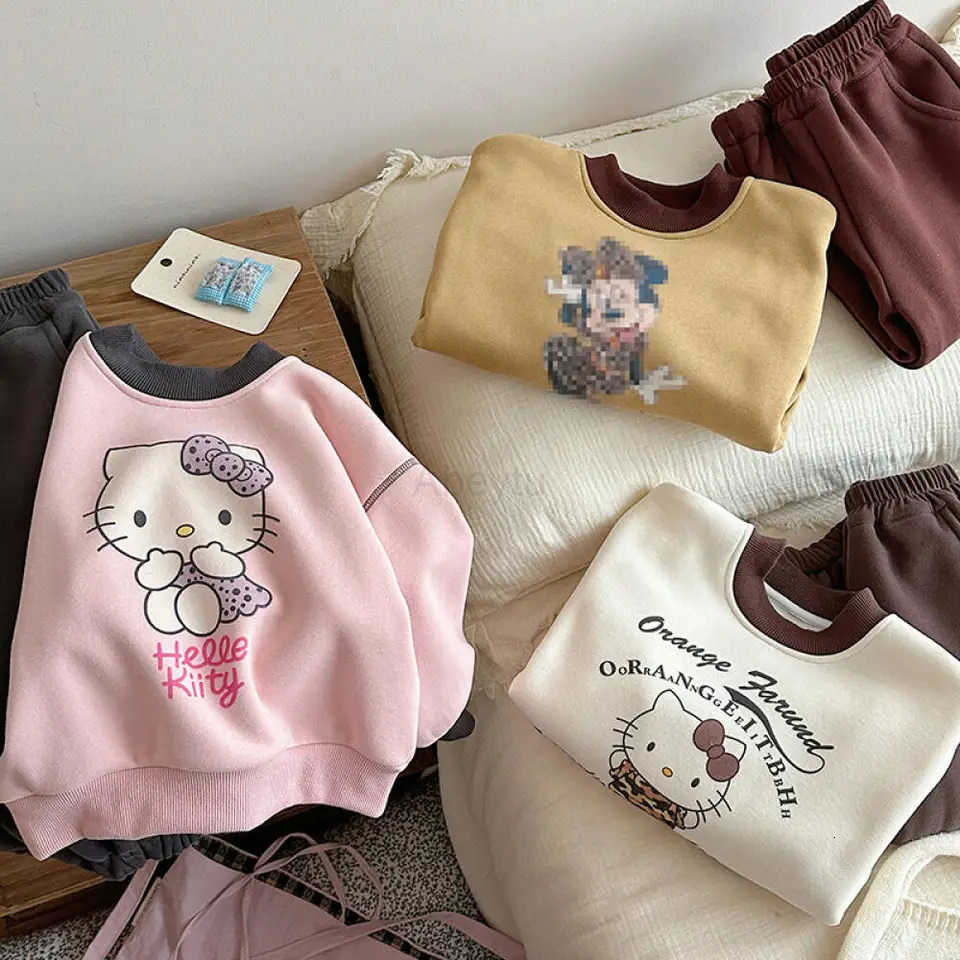 Sanrio Hello Kitty Childrens Clothing Cute Girls Hoodies and Sweatpants Two-Piece Set Fleece-Lined Winter Outdoor Versatile H251216
