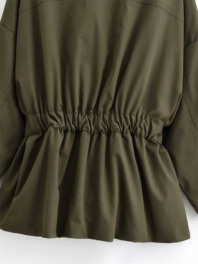 Womens Trench Coat 2025 Autumn New Style Army Green Long Sleeve Ruffled Decorative Belted Trench Coat British Style FashionableT251216