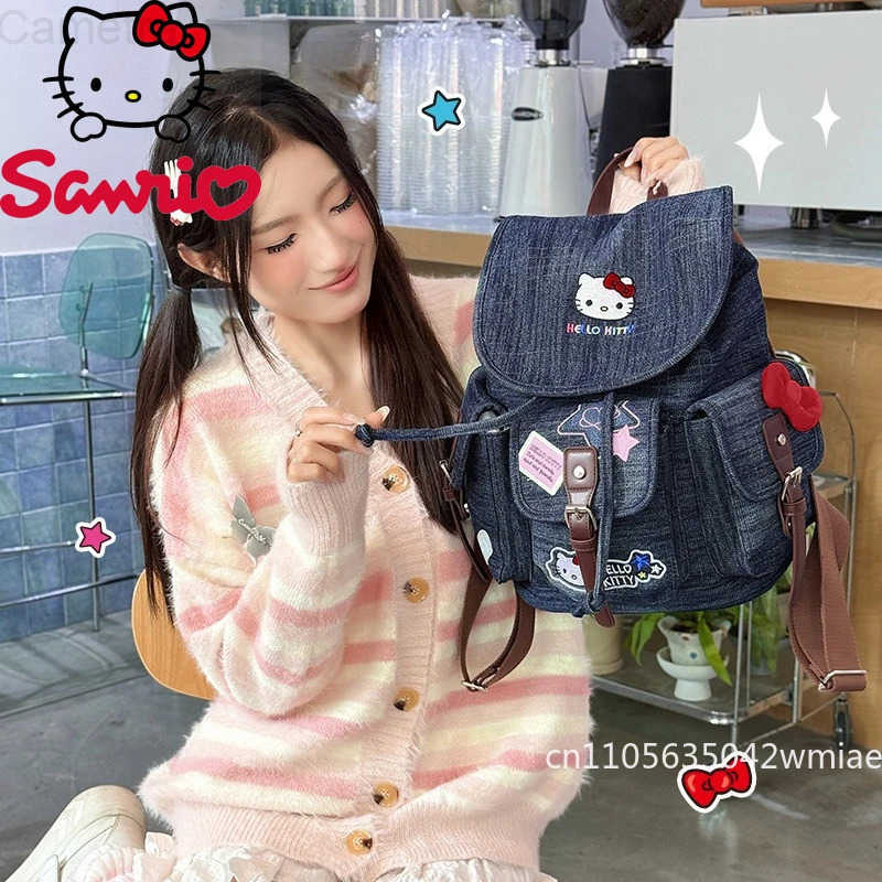 Sanrio New Denim Backpack Fashionable High Quality Womens Drawstring Backpack Cartoon Versatile Large Capacity Girls Storage Backpack H251216