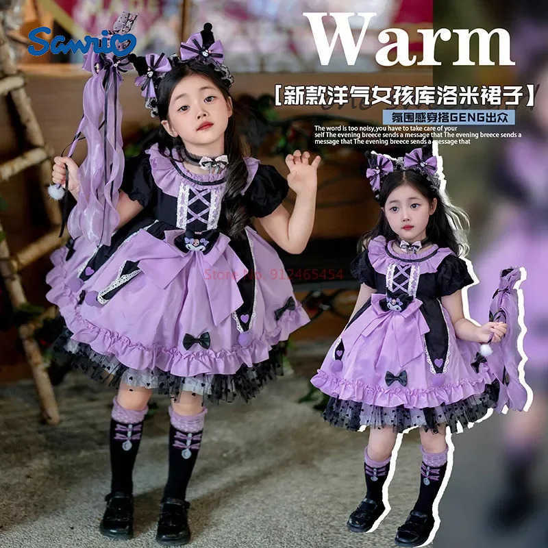 Sanrio Kawaii Cosplay Kuromi Lolita Princess Dress Summer Childrens Costume Dress Puffy Skirt Suit Cute Girl Birthday Gift H251216