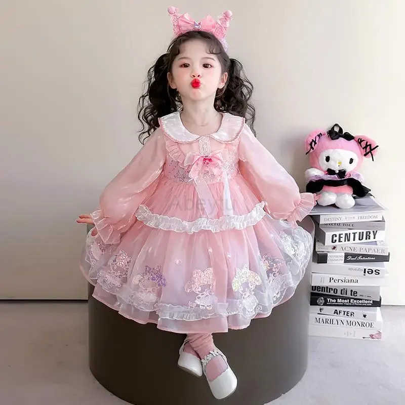 Sanrio Anime Melody Girls Lolita Dress Vintage Lace Party Dress for Kids Ruffled Princess Costume Yarn Skirt Birthday Holiday Gifts H251216
