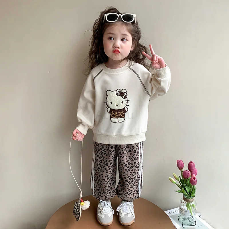 Sanrio Hello Kitty Girls Spring/autumn Set New Trendy Stylish Towel Embroidery Leopard Print Baby Cute Spring Sports Sweatshirt H251216