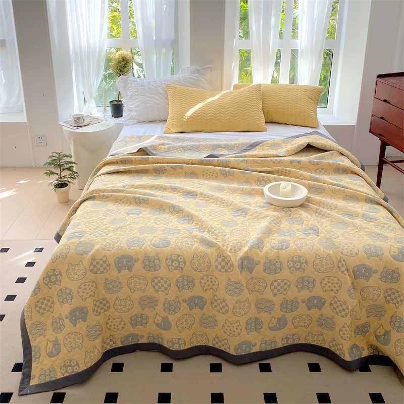 Towel Blanket for Sofa Pure Cotton Thread Blanket Yellow Color Cat Printed Plaids for Bed Queen Size Summer Bedspread/Quilt H251216 - view 4