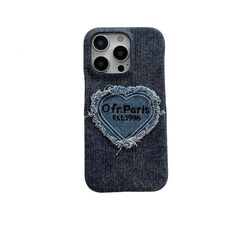 Denim Embroidered Heart English Suitable iPhone 17 Pro Max Apple 16/15 Retro Phone Case 13/14 for Women