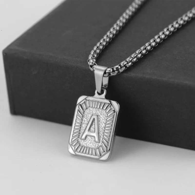 Mens 18K Gold Square Double-Sided 26 English Letter Pendant Titanium Steel Jewelry Necklace M251216