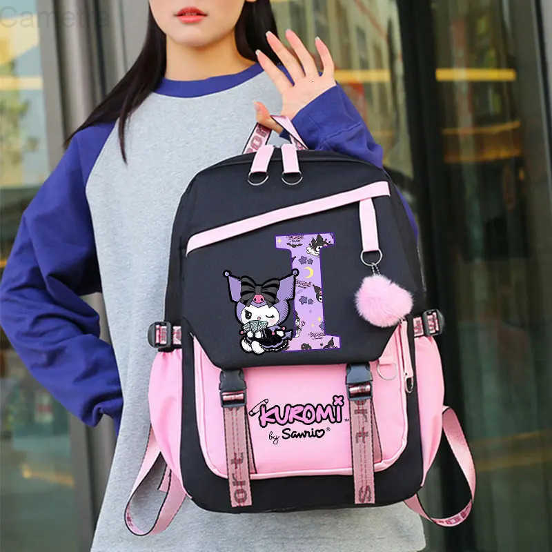 Sanrio Kuromi Large Capacity Backpack for Students Cartoon Letter A-Z Printed Schoolbag Fashion Book Stationery Storage Bag Gift H251216