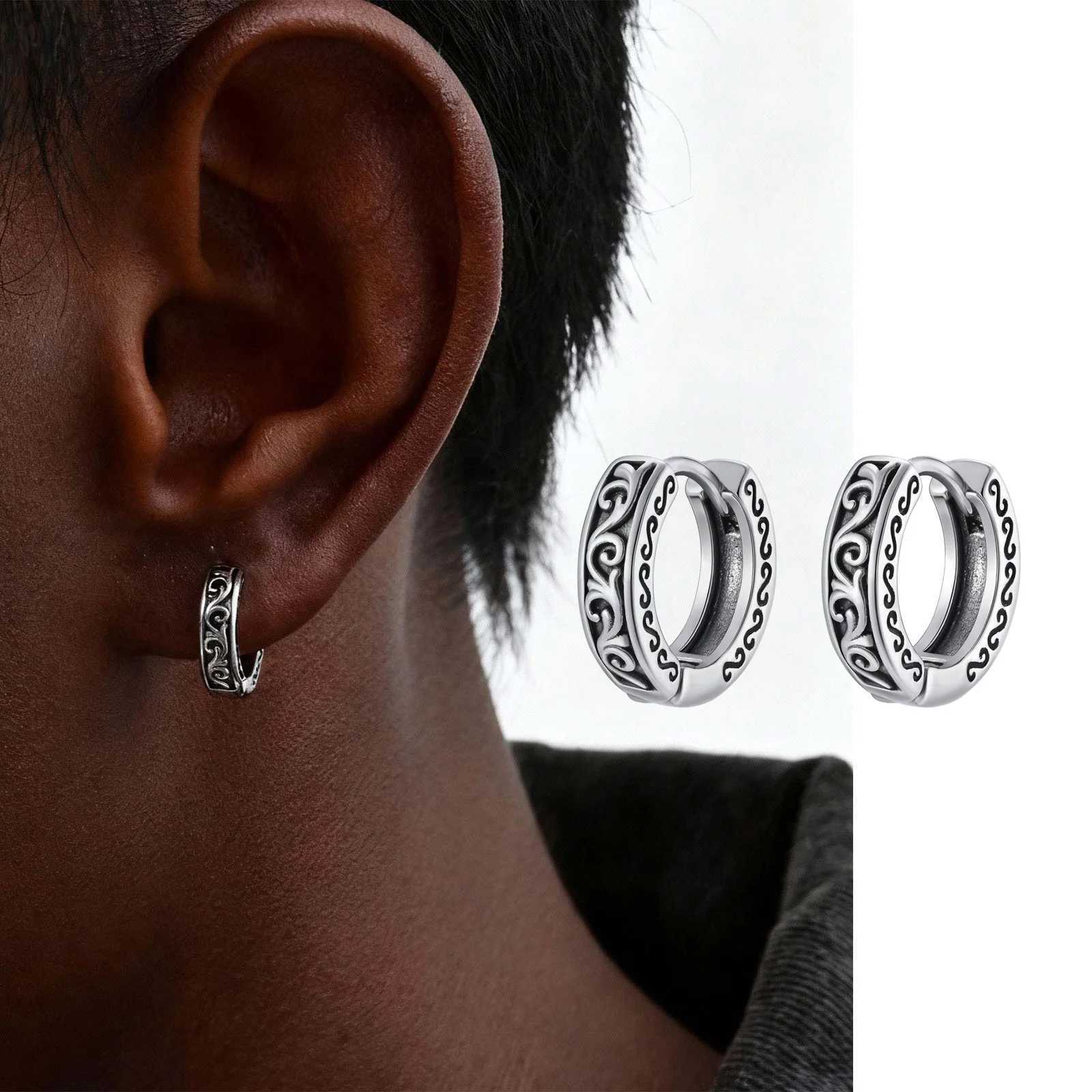Vintage Totem Hoop Earrings for Men BoysVine Grass Pattern Anti Allergy Stainless Steel Huggies EarringsRock Punk Jewelry Gift G251216