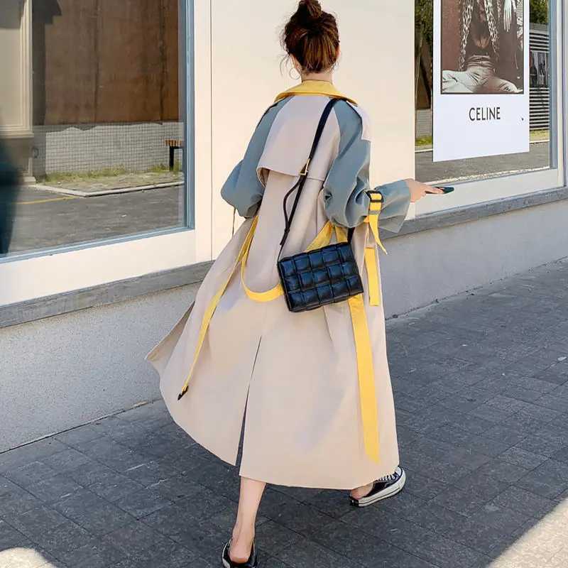 Female Spring Autumn New England Style Drape Trench Coat Color Block Windbreaker Jacket Womens Mid-LengthT251216